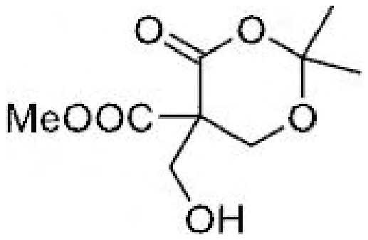 2,2-Dimethyl-1,3-dioxan-4-one ring with a methyl ester and a CH2OH group on the ring carbon next to the carbonyl