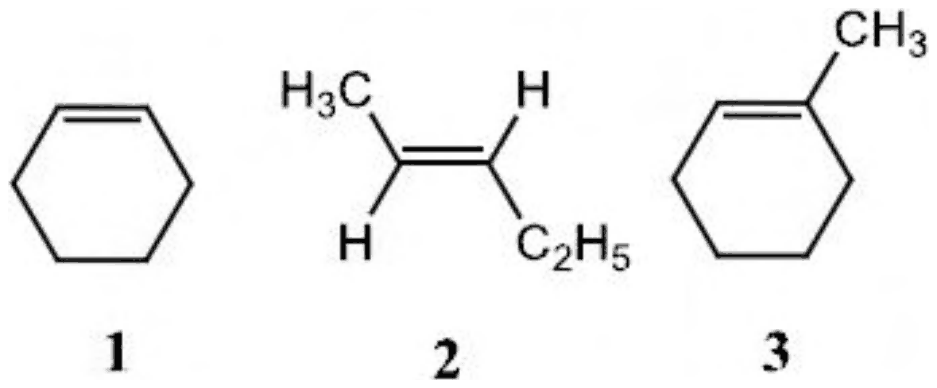 Alkene 1 is cyclohexene, alkene 2 is trans-2-pentene and alkene 3 is 1-methylcyclohexene