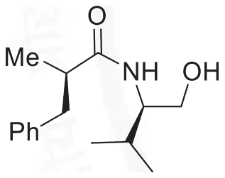 N-(2-Methyl-3-phenylpropanoyl)valinol amide, benzyl bond wedged