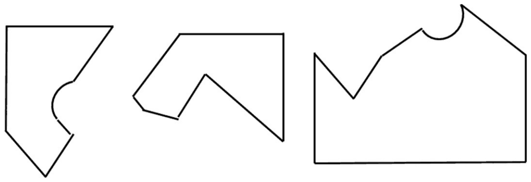 Three flat pieces: a pentagon-like piece with a round notch on its right edge, an angular piece with a small clipped corner, and a large piece with a V cut and a round notch on top