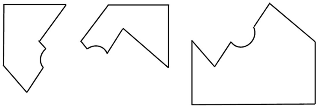 Three flat pieces: a tall piece with a stepped round notch, an angular piece with a round notch on its lower left, and a large piece with a V cut and a round notch on top