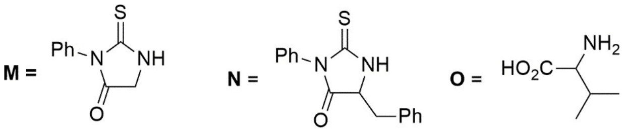 Structures: M is 3-phenyl-2-thioxoimidazolidin-4-one; N is the same ring with a benzyl group at C5; O is valine