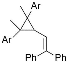 Vinylcyclopropane with one methyl and one Ar on the same ring carbon, one methyl and one Ar on the adjacent ring carbon, the vinyl end bearing two Ph groups