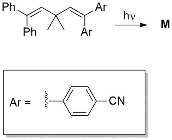 1,1-Diphenyl-3,3-dimethyl-5,5-diaryl-penta-1,4-diene irradiated (hv) to give M; Ar is 4-cyanophenyl