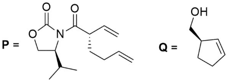P: oxazolidinone N-acylated with an alkylated hex-5-enoyl chain, hashed bond at the new stereocentre; Q: cyclopent-2-enylmethanol with a wedge bond