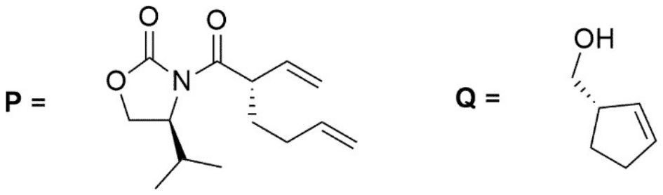 P: oxazolidinone N-acylated with an alkylated hex-5-enoyl chain, hashed bond at the new stereocentre; Q: cyclopent-2-enylmethanol with a hashed bond