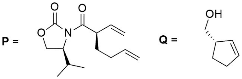 P: oxazolidinone N-acylated with an alkylated hex-5-enoyl chain, wedge bond at the new stereocentre; Q: cyclopent-2-enylmethanol with a hashed bond