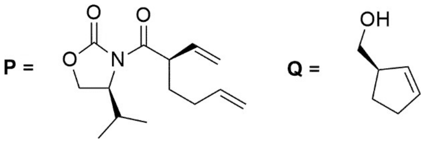 P: oxazolidinone N-acylated with an alkylated hex-5-enoyl chain, wedge bond at the new stereocentre; Q: cyclopent-2-enylmethanol with a wedge bond