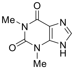 Theophylline, 1,3-dimethylxanthine, with a fused aromatic imidazole ring and N-H