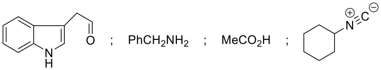 Indole-3-acetaldehyde; PhCH2NH2; MeCO2H; cyclohexyl isocyanide