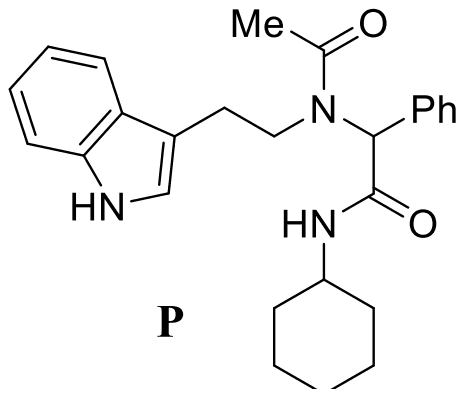 Compound P: tryptamine nitrogen acylated with acetyl and bonded to CH(Ph)C(O)NH-cyclohexyl