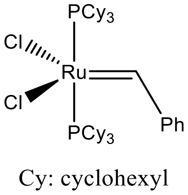 Grubbs first-generation catalyst, RuCl2(PCy3)2 with a benzylidene ligand, with the note Cy: cyclohexyl