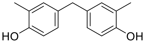 Bis(4-hydroxy-3-methylphenyl)methane, two rings each with OH and an ortho methyl, joined by CH2