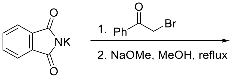 Potassium phthalimide treated with 1. phenacyl bromide (PhCOCH2Br), 2. NaOMe in refluxing MeOH