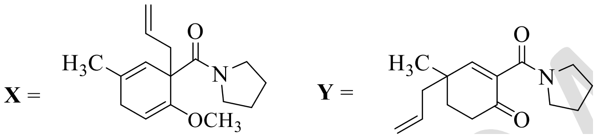 X is a methyl methoxy cyclohexadiene with the allyl and the pyrrolidine amide on one quaternary carbon; Y is a 4-allyl-4-methylcyclohexenone bearing the pyrrolidine amide