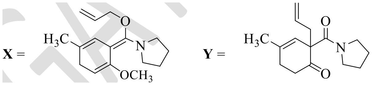 X has an O-allyl ketene N,O-acetal on a methoxy cyclohexadiene ring; Y is a cyclohexenone with the allyl and the pyrrolidine amide on the same carbon next to the ketone