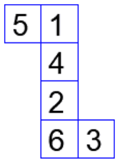 Net of a die: a column of faces 1, 4, 2, 6 from top to bottom, with 5 to the left of 1 and 3 to the right of 6