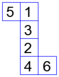Net of a die: a column of faces 1, 3, 2, 4 from top to bottom, with 5 to the left of 1 and 6 to the right of 4