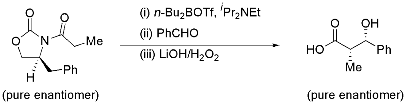 An N-propionyl oxazolidinone bearing a 4-benzyl group (pure enantiomer) treated with (i) n-Bu2BOTf, iPr2NEt, (ii) PhCHO, (iii) LiOH/H2O2 to give 3-hydroxy-2-methyl-3-phenylpropanoic acid with both new stereocentres drawn hashed (pure enantiomer).