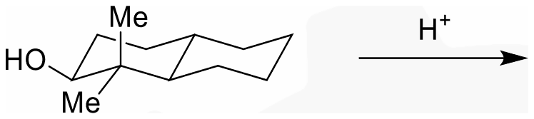 A trans-decalin chair drawing with an equatorial OH next to a ring carbon bearing two methyl groups, one axial and one equatorial, treated with H+