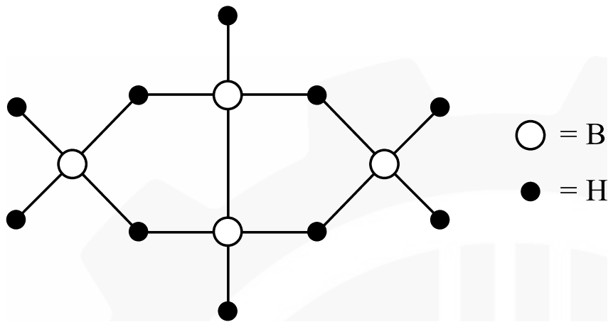 B4H10: two central borons joined by a B-B bond, each with one terminal H; two outer borons, each with two terminal H; each outer boron is linked to each central boron through a bridging H