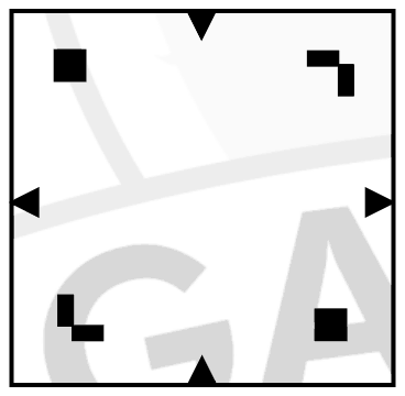 Unfolded square with a small square at top left and bottom right, a step shape at top right, an L shape at bottom left