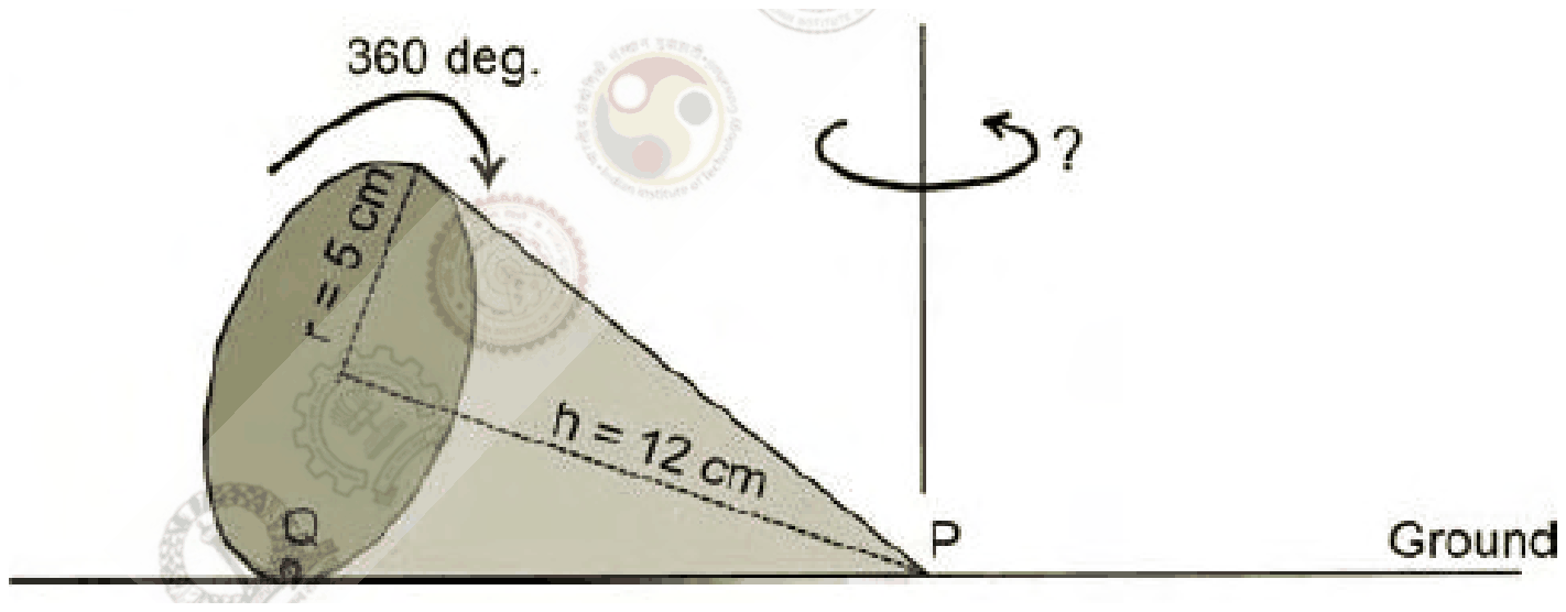 Cone lying on its side on the ground with its apex P on the ground and the point Q on the rim of its base touching the ground; base radius r = 5 cm, height h = 12 cm; the base turns 360 degrees while the cone turns about a vertical axis through P