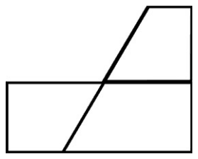 A rectangle crossed by a slanted line that continues up into a trapezoid whose top overlaps the rectangle, vertical side on the right