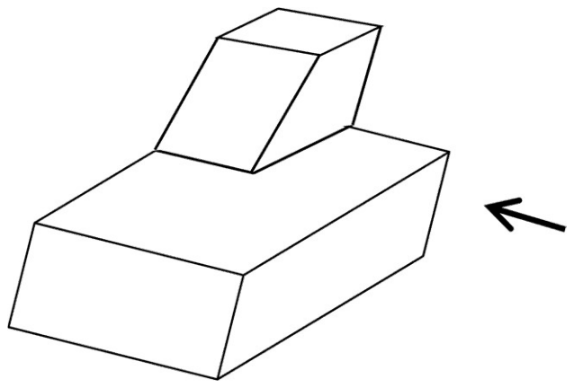 A long rectangular block with a smaller block of trapezoidal cross-section on top of it, and an arrow pointing at the right-hand end face