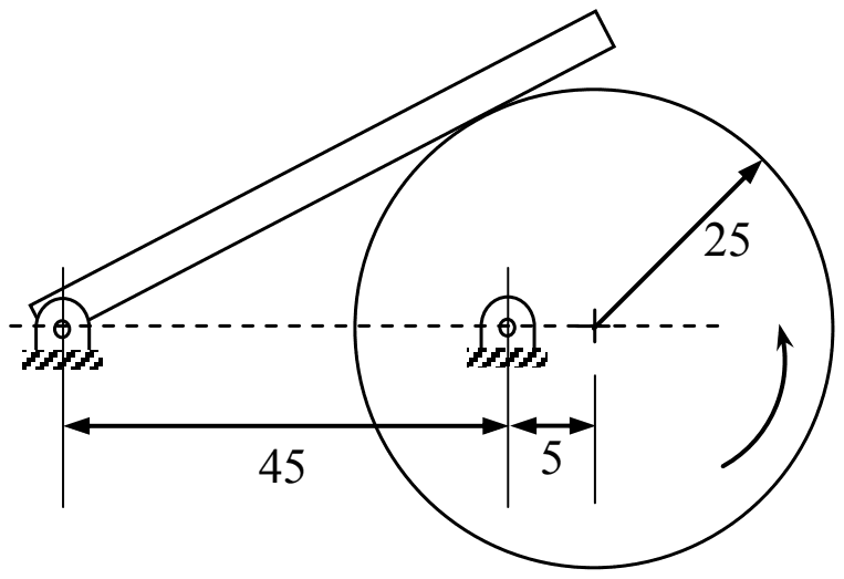 A flat follower link pivoted at the left rests tangent on a circular disc of radius 25. The disc turns about a pivot 45 to the right of the link pivot, and its centre is a further 5 to the right of its own pivot