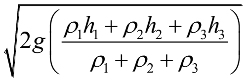 Square root of 2 g times (rho1 h1 plus rho2 h2 plus rho3 h3) over (rho1 plus rho2 plus rho3)