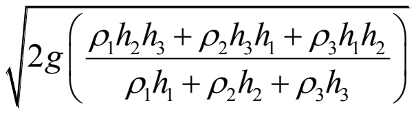 Square root of 2 g times (rho1 h2 h3 plus rho2 h3 h1 plus rho3 h1 h2) over (rho1 h1 plus rho2 h2 plus rho3 h3)