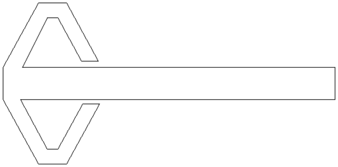 Flat net: a long rectangular strip with two V-shaped pieces attached at its left end, one above and one below