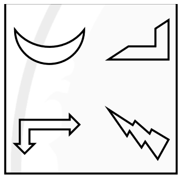 Square with four outline shapes: crescent top left, bent bar top right, bent arrow bottom left, lightning bolt bottom right