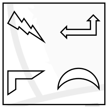 Square with four outline shapes: lightning bolt top left, bent arrow top right, bent bar bottom left, crescent bottom right