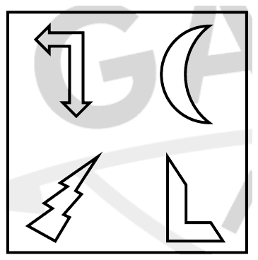 Square with four outline shapes: bent arrow top left, crescent top right, lightning bolt bottom left, bent bar bottom right