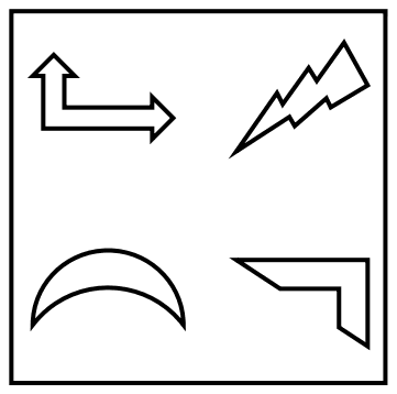 Square with four outline shapes: bent arrow top left, lightning bolt top right, crescent bottom left, bent bar bottom right