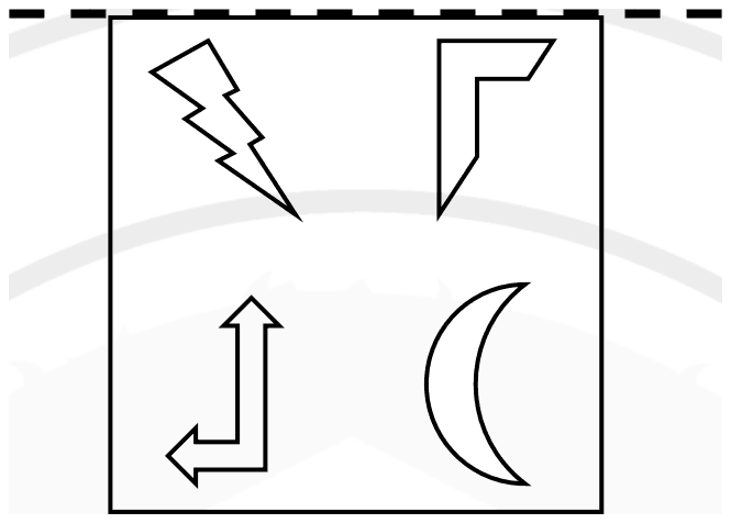 Square under a dashed line: bolt top left, bent bar top right, bent arrow bottom left, crescent bottom right