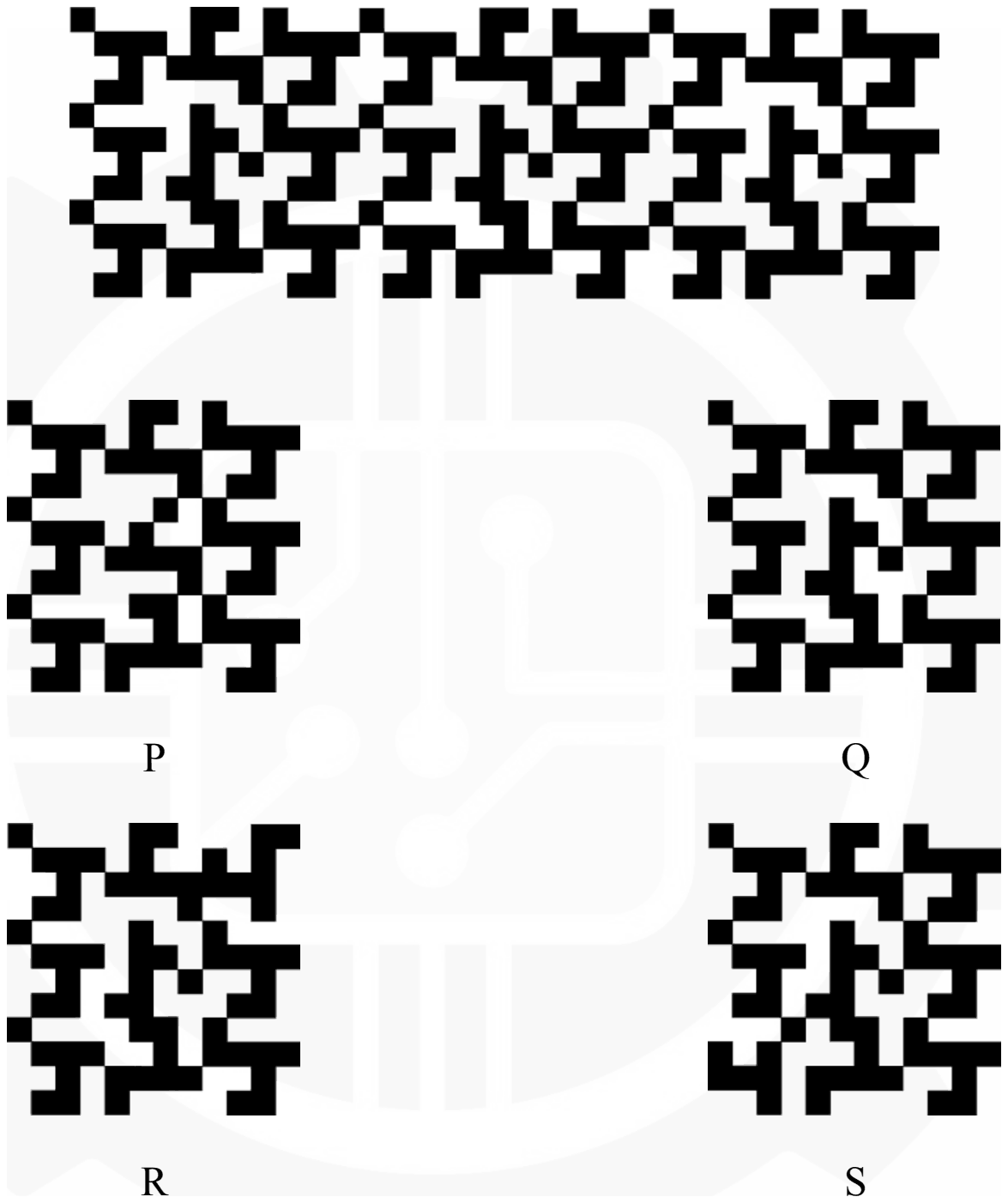 A wide black and white tiled figure above four square candidate patterns labelled P, Q, R and S