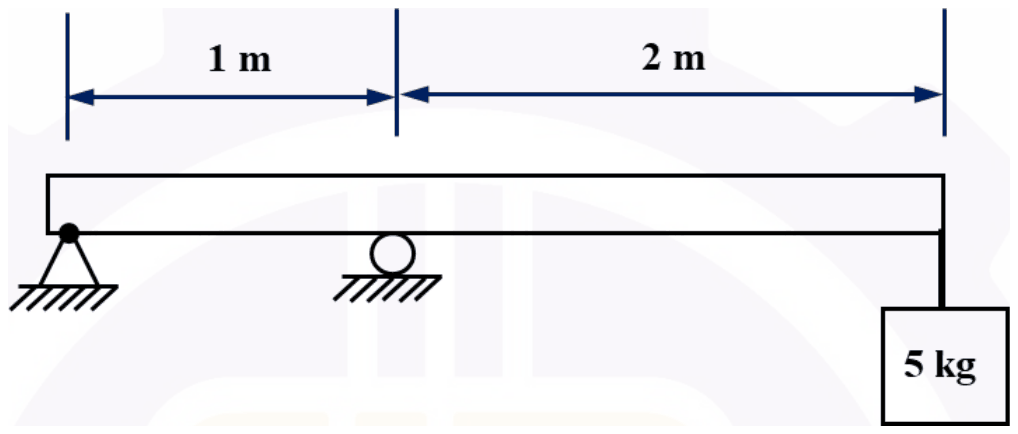 Beam with a pin support at the left end and a roller support 1 m away, overhanging 2 m beyond the roller to a free end carrying a 5 kg mass