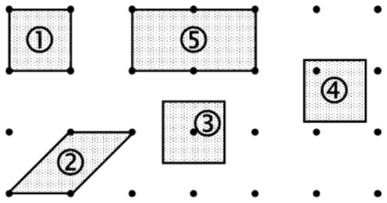 Five shaded cells numbered 1 to 5 drawn on the points of a square lattice: 1 a unit square, 2 a parallelogram, 3 and 4 unit squares each enclosing one lattice point, 5 a rectangle two units long