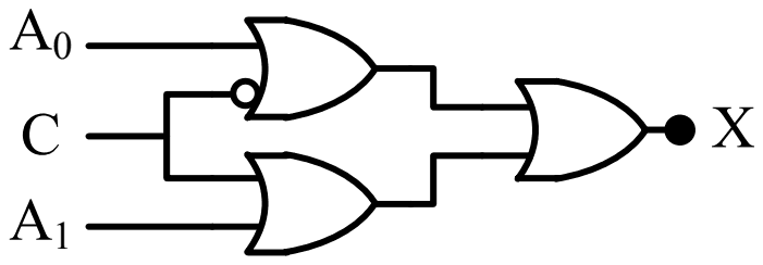 Circuit: A0 into an OR gate with C inverted at its other input, A1 into an OR gate with C, and both OR outputs into an OR gate giving X