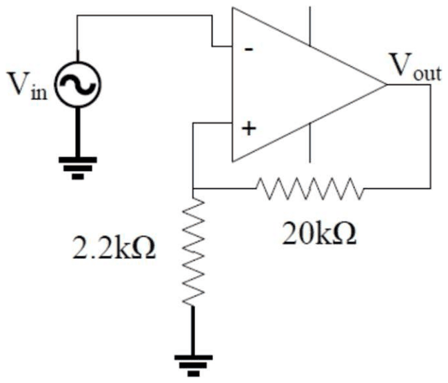 Op-amp with Vin at the inverting input; the output is fed back through 20 kilohm to the non-inverting input, which goes to ground through 2.2 kilohm