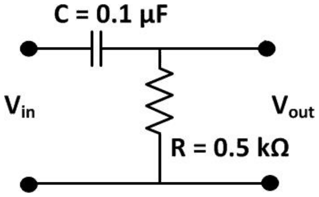 RC circuit: a series capacitor C = 0.1 microfarad with a shunt resistor R = 0.5 kilohm across the output