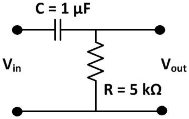 RC circuit: a series capacitor C = 1 microfarad with a shunt resistor R = 5 kilohm across the output
