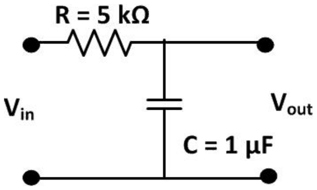 RC circuit: a series resistor R = 5 kilohm with a shunt capacitor C = 1 microfarad across the output
