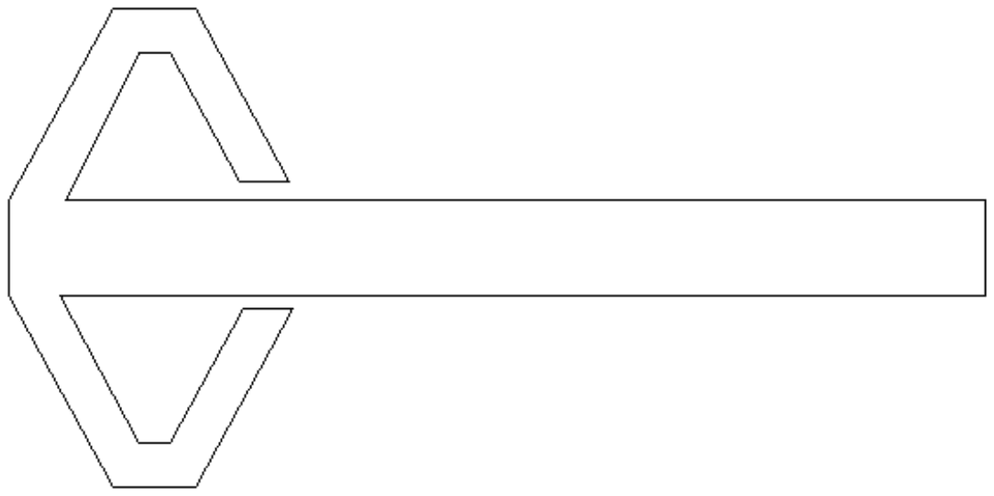 Flat net: a long rectangular strip with a V-shaped flat piece attached above and another below its left end