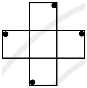 Plus-shaped outline with a black dot in a corner of each arm: top arm upper right, left arm upper left, right arm upper right, bottom arm lower left