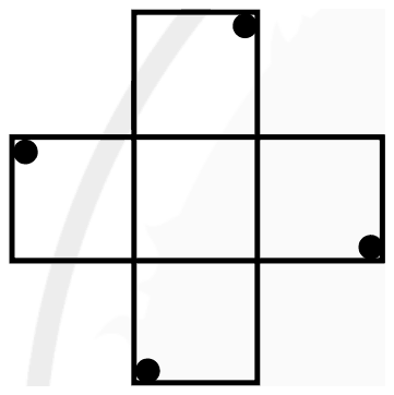 Plus-shaped outline with a black dot in a corner of each arm: top arm upper right, left arm upper left, right arm lower right, bottom arm lower left