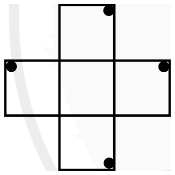 Plus-shaped outline with a black dot in a corner of each arm: top arm upper right, left arm upper left, right arm upper right, bottom arm lower right
